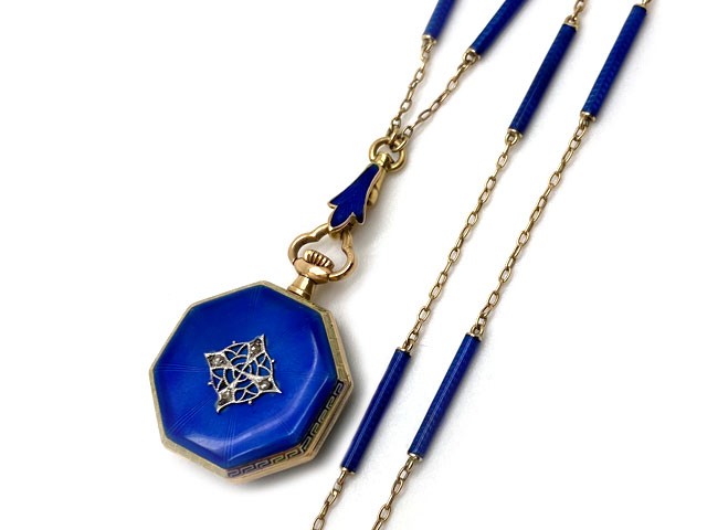 Beautiful blue guilloche enamel watch pendant necklace with enamel links in 14k yellow gold.