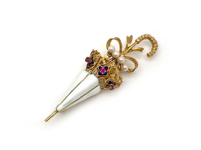Vintage estate umbrella brooch with white and blue enamel, rubies and pearlsn 18k yellow gold.