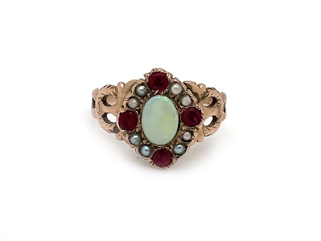 Antique Victorian opal, ruby, pearl and faux pearl ring in 10k rose gold.