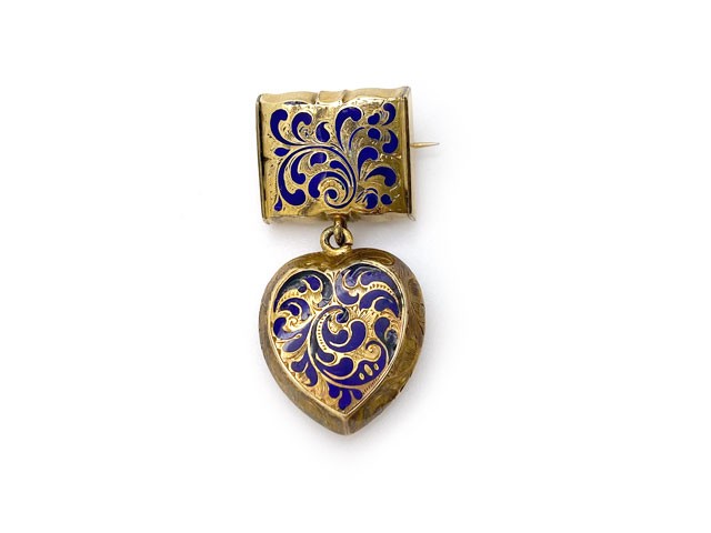 Royal blue enamel Victorian hair locket brooch with dangling heart.