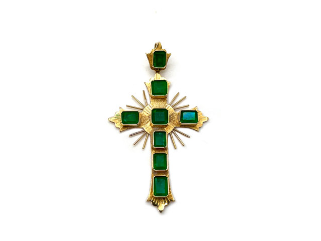 18k yellow gold cross with bezel set emeralds