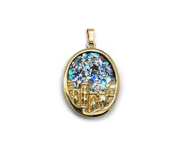 A colorful 14k yellow gold pendant that depicts the city of Jerusalem with a sky made of ancient Roman glass.